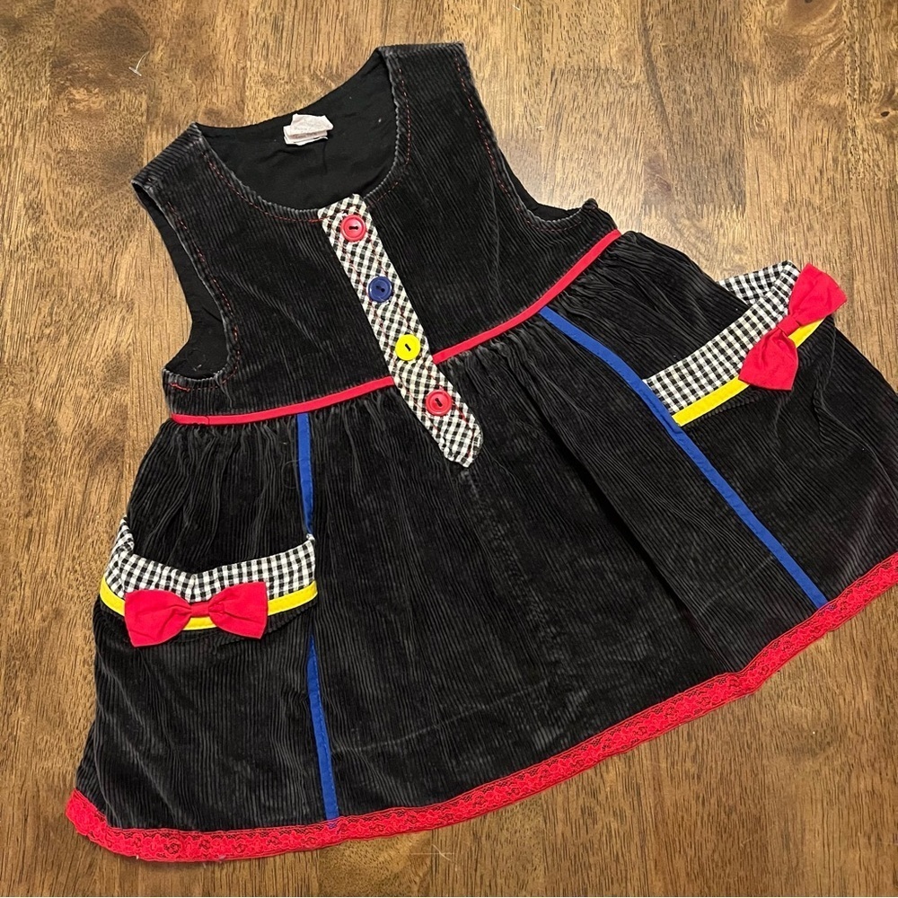 Vintage Primary Color Corduroy Baby Dress Black 80s 90s Y2K 24 Months